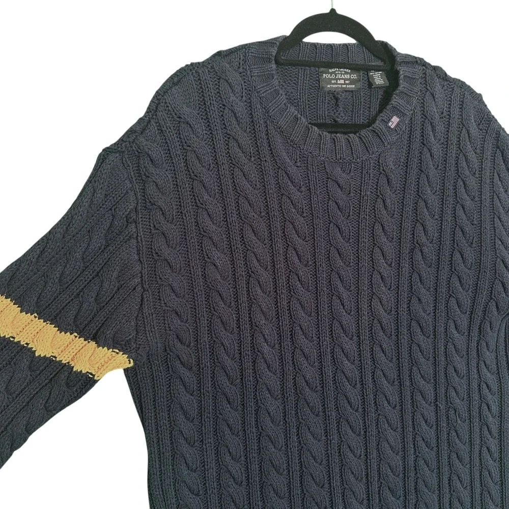 Polo Jeans Co Ralph Lauren Cable Knit Sweater Mens XL Navy Yellow Stripe Vintage